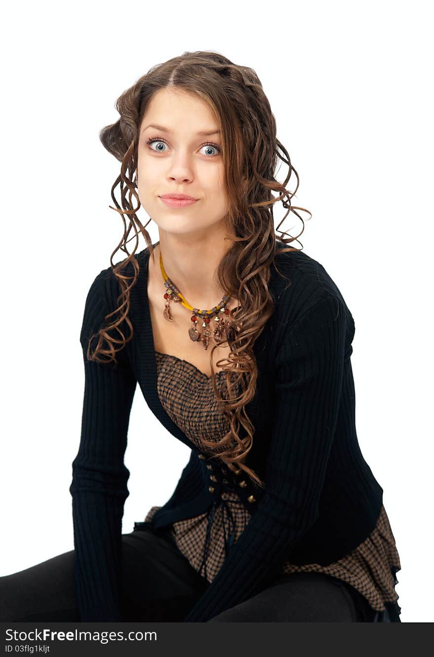 Pretty young girl with an expressive face, white background