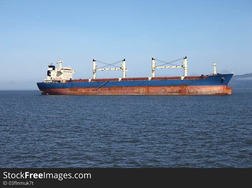 An empty cargo ship anchored in Astoria Oregon.