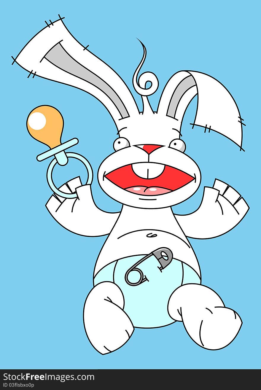 Illustration of rabbit baby with a pacifier in the paw. Illustration of rabbit baby with a pacifier in the paw