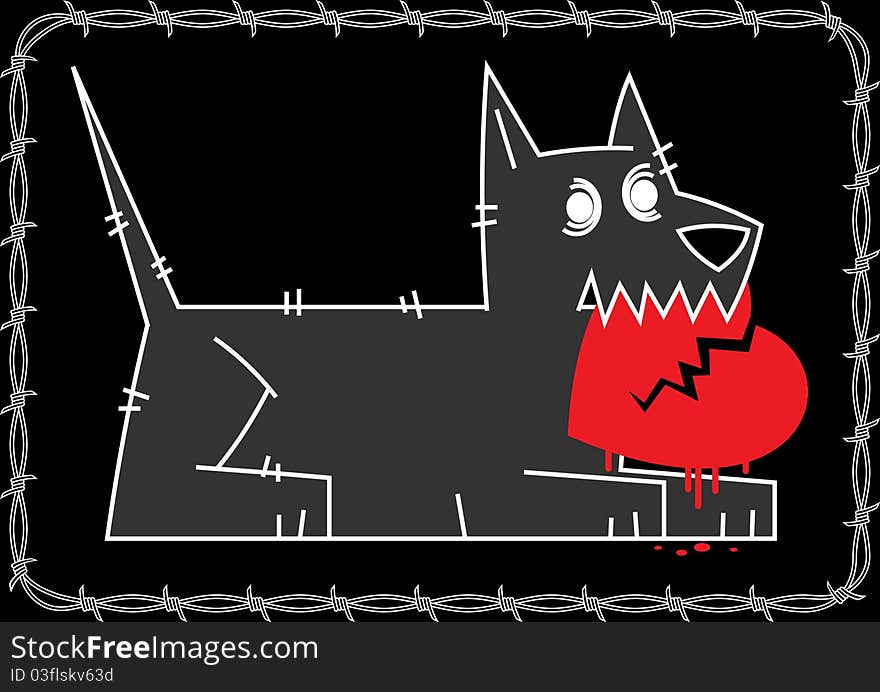 Gray wolf on a black background keeps his teeth red heart. Gray wolf on a black background keeps his teeth red heart