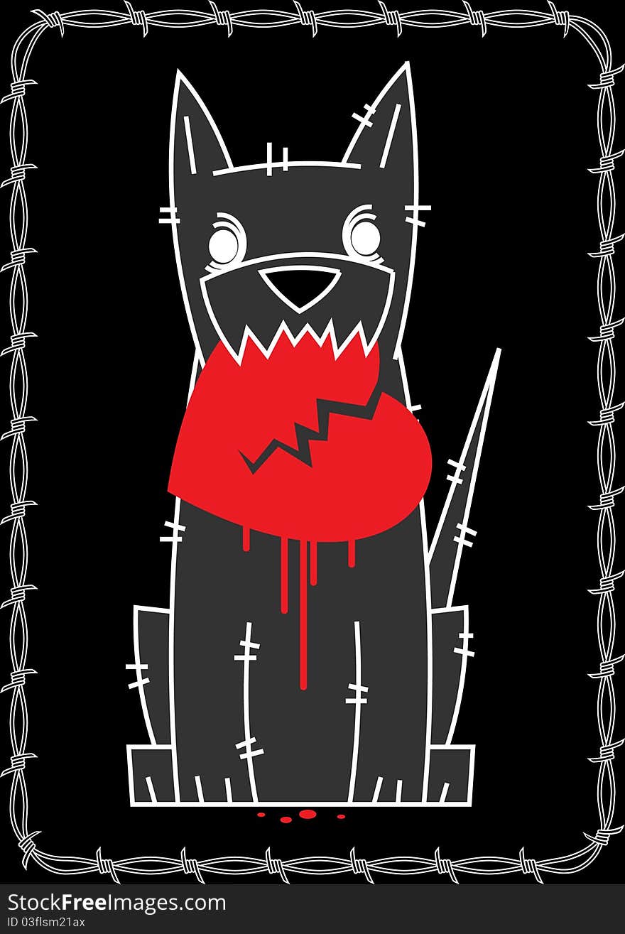 Gray wolf on a black background keeps his teeth red heart. Gray wolf on a black background keeps his teeth red heart