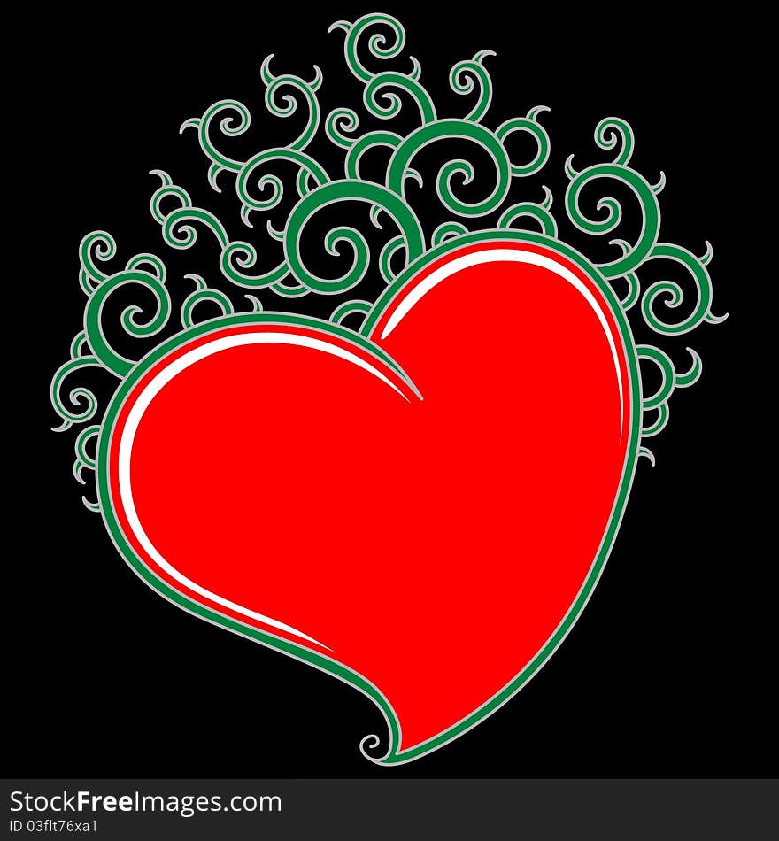 Red heart with a floral ornament on black background. Red heart with a floral ornament on black background