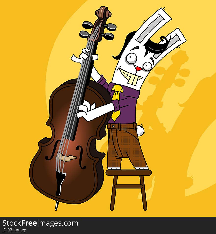 Rabbit playing the bass, illuminated by a spotlight on a yellow background. Rabbit playing the bass, illuminated by a spotlight on a yellow background