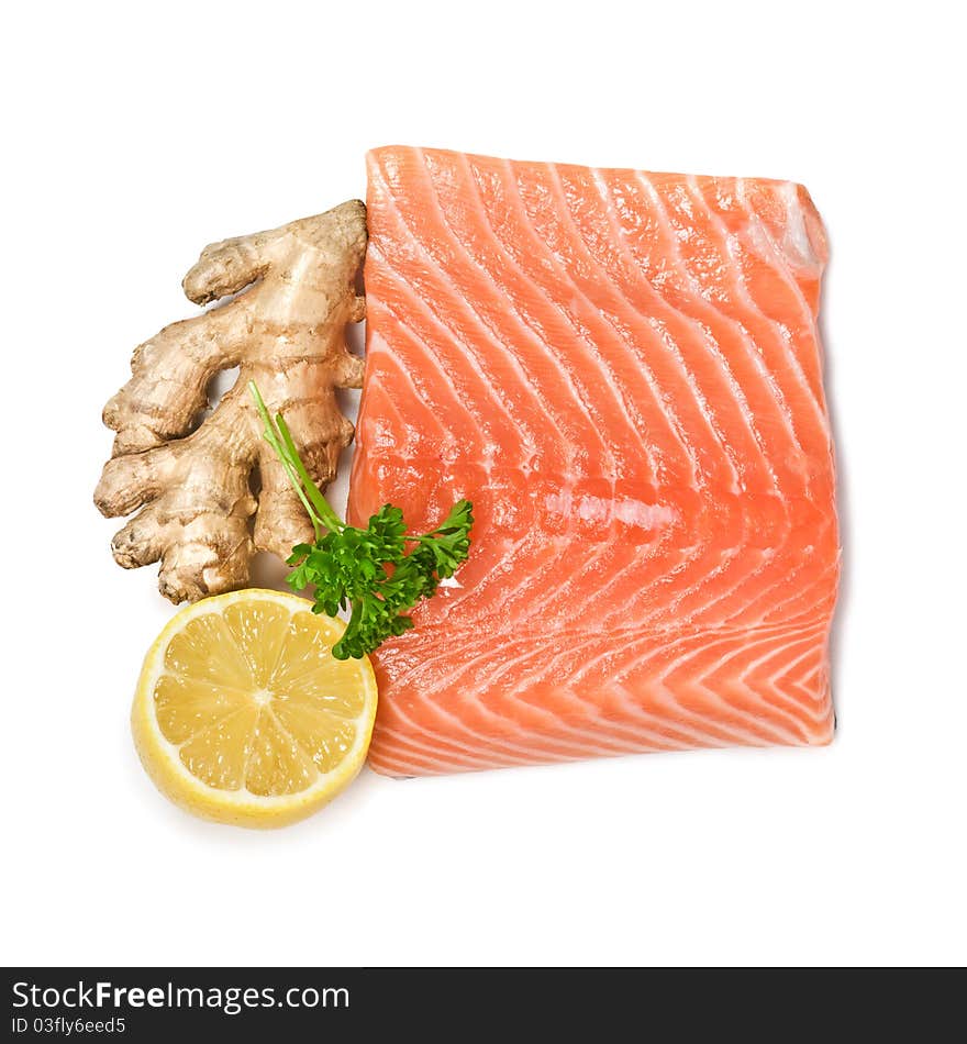 Raw salmon and spices isolated