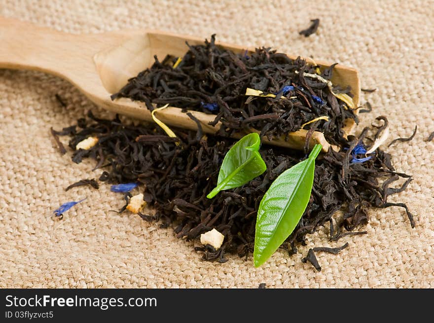 Green tea with leaf closeup