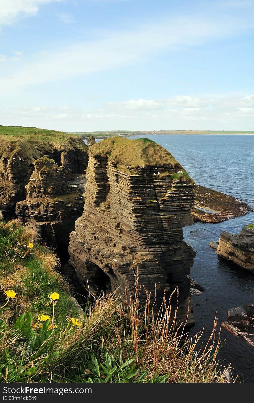 Noss Head Stacks,  by Sinclair Gimgoe Castle,Caithness, Scotland, UK. The Noss Head Stacks are on the North East Coast of Caithness. The route is now along the coastal cliffs once more, passing the back of two deep geos before reaching a track, and turning right along this to reach the ruins of Castle Sinclair Girnigoe. The castle is perched on a small sandstone stack between two geos; it has been undergoing restoration on and off for some years, and you may or may not be able to go inside across the drawbridge. There are excellent views of the castle from the path which can be followed a little way further along the coast to view more sea stacks and the castle. Return along the castle access track, following this back to the Noss Head road and then turn right to head inland. This minor road goes through flat farmland, and passes some cottages and then the entrance to Noss Farm on the right. At the crossroads with Wick airport straight ahead, turn left. Follow the road until a sharp left bend brings you to the outskirts of Staxigoe. Follow this road through the houses to the harbour and the start point for the walk.