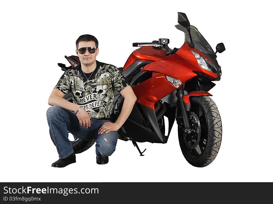 Biker with red motorcycle isolated on white background