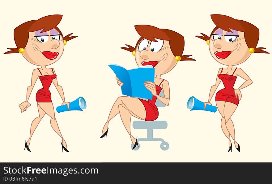 Cartoon girl on the picture in different poses.She walks, sits and stands.In her hands she holds the magazine.An illustration is divided into layers.Additionally, a vector EPS format. Cartoon girl on the picture in different poses.She walks, sits and stands.In her hands she holds the magazine.An illustration is divided into layers.Additionally, a vector EPS format.