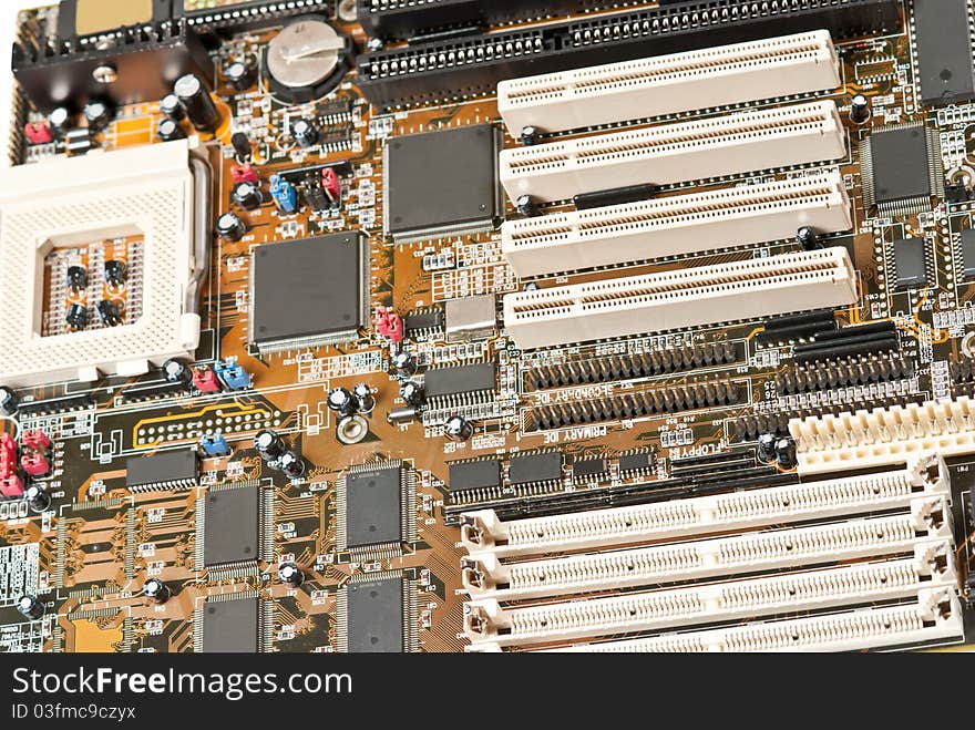 Photo of computer motherboard. Studio shot