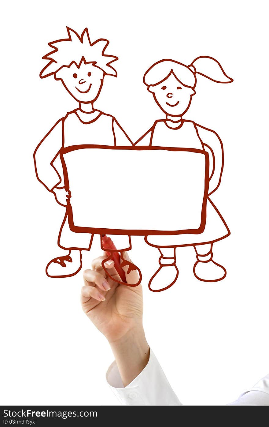 Hand with red marker drawing boy and girl with board isolated on white