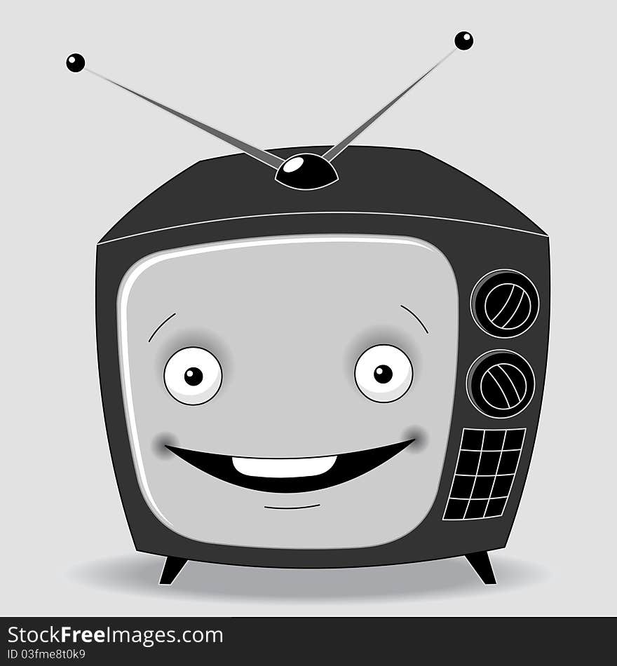 Illustration black and white TV set on a gray background with a cheerful face on the screen. Illustration black and white TV set on a gray background with a cheerful face on the screen