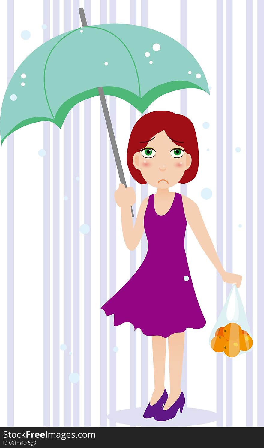 A girl holding an umbrella，buy a bag of oranges in the rain. A girl holding an umbrella，buy a bag of oranges in the rain