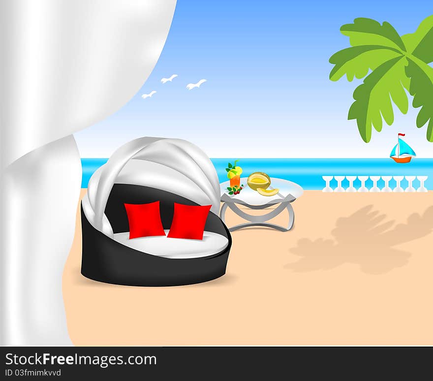 Sofa and glass table with fruits and refreshments on a terrace to the beach, vector format. Sofa and glass table with fruits and refreshments on a terrace to the beach, vector format