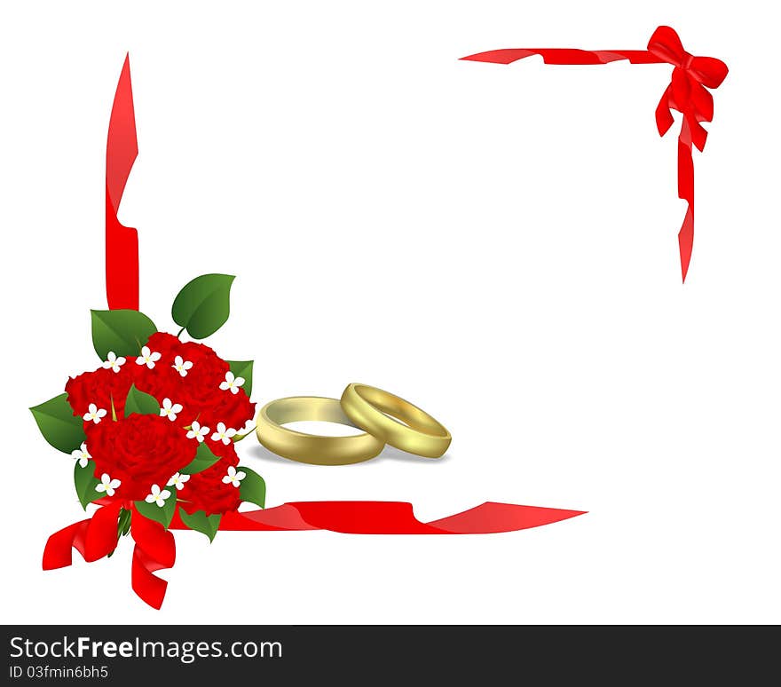 Wedding card with bouquet of roses and golden rings, vector format. Wedding card with bouquet of roses and golden rings, vector format