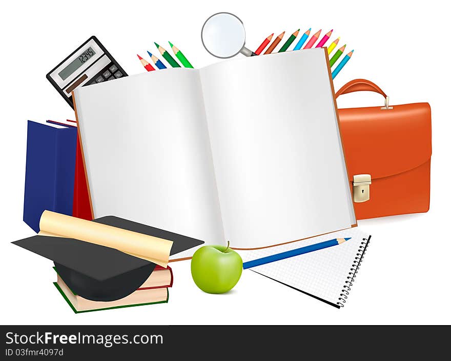 Back to school. Notepad with school supplies. Vector.