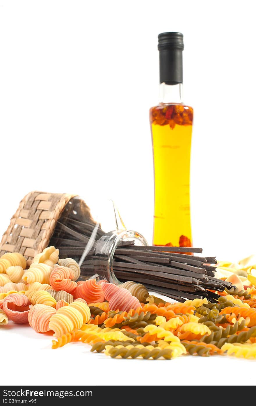 Different kinds of italian pasta on white background