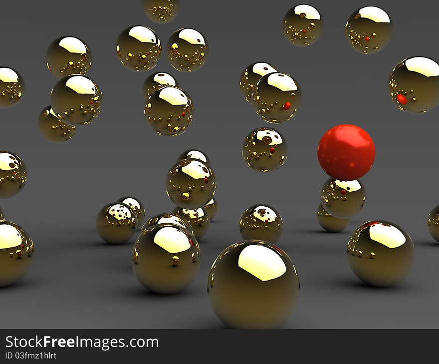 3d illustration of a lots of golden and red balls on grey background. 3d illustration of a lots of golden and red balls on grey background