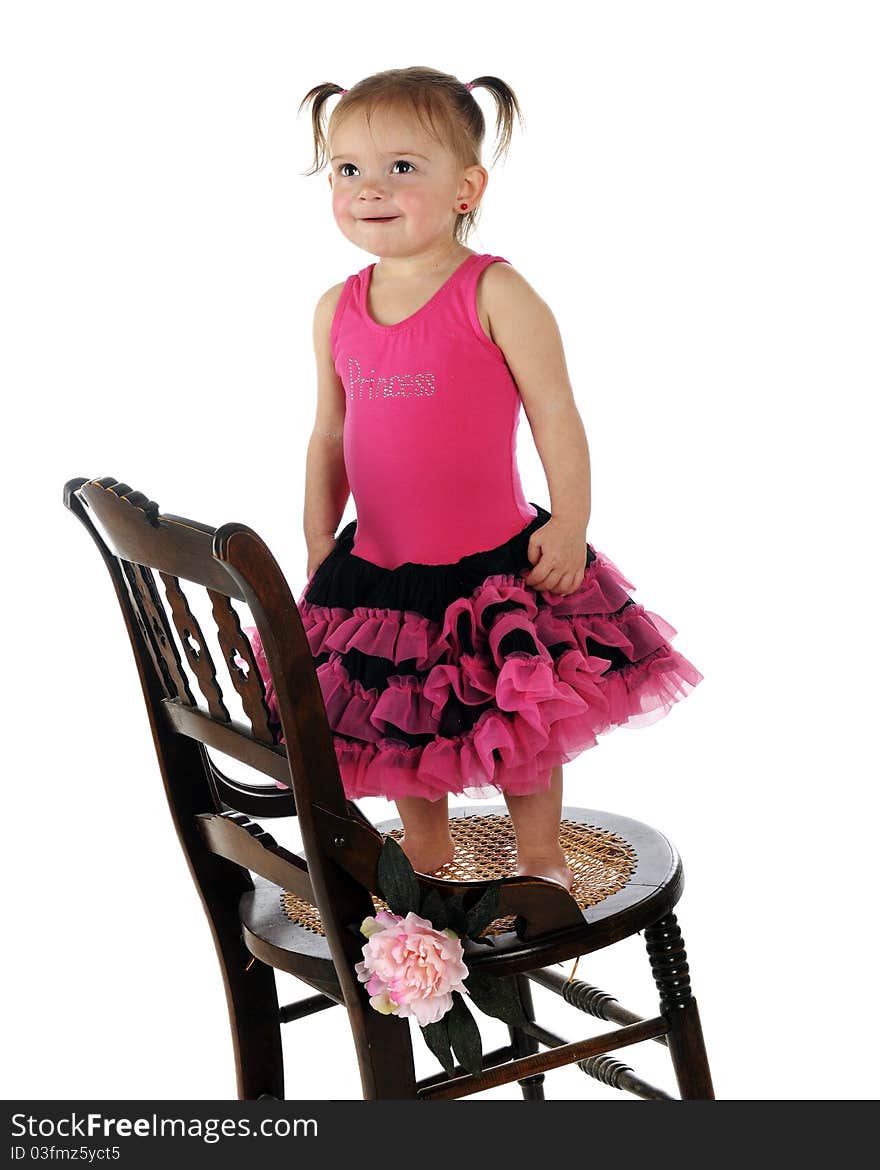 A beautiful baby girl in a bright pink princess dress, standing on an old chair. Isolated on white. A beautiful baby girl in a bright pink princess dress, standing on an old chair. Isolated on white.