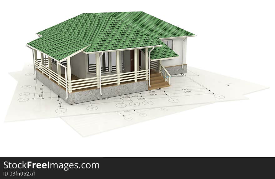 Drawing of the house and its 3D model on a white background