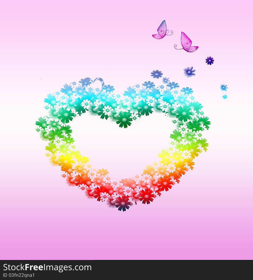 Bright floral heart with butterflies on pink background. Bright floral heart with butterflies on pink background