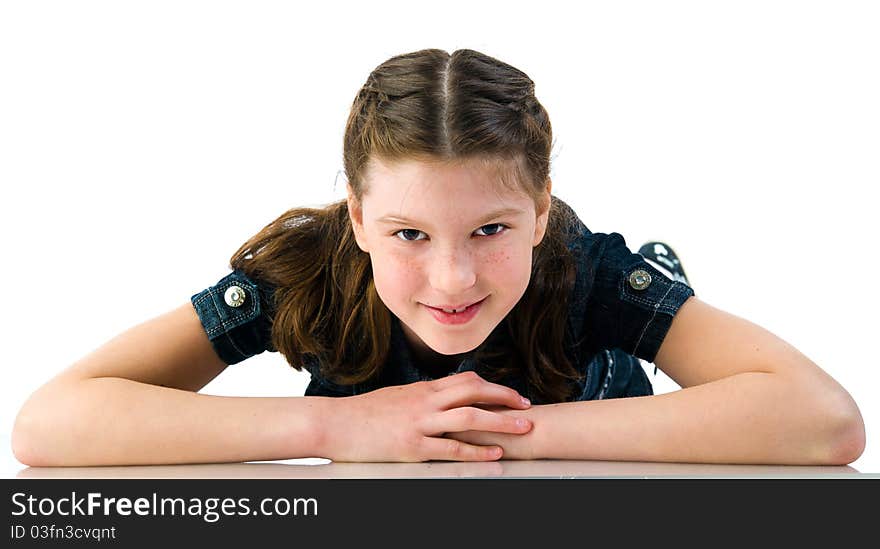 Beautiful little girl. Isolated on a white background