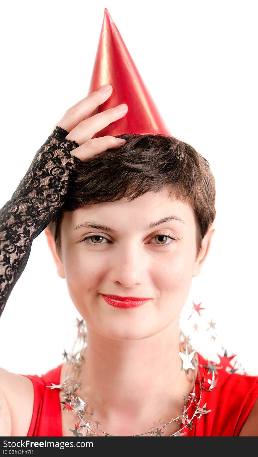 Winking funny girl-clown in red, portrait on white background