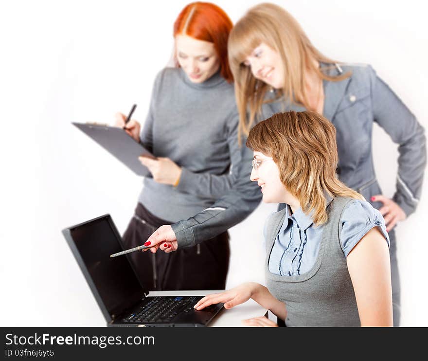 Women are working on a computer on a white background