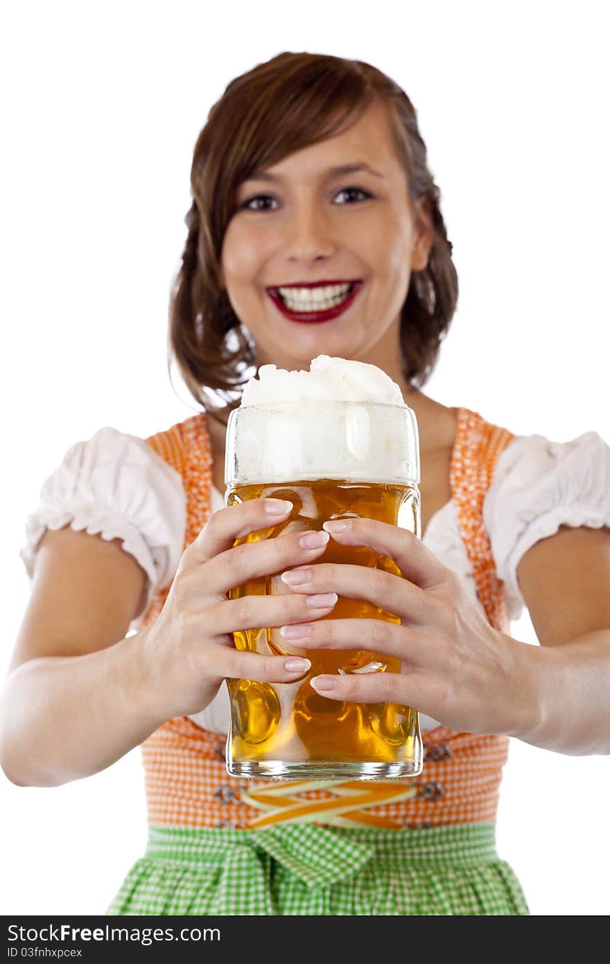 Pretty woman with dirndl smiles and holds Oktoberfest beer stein. Isolated on white background. Pretty woman with dirndl smiles and holds Oktoberfest beer stein. Isolated on white background.