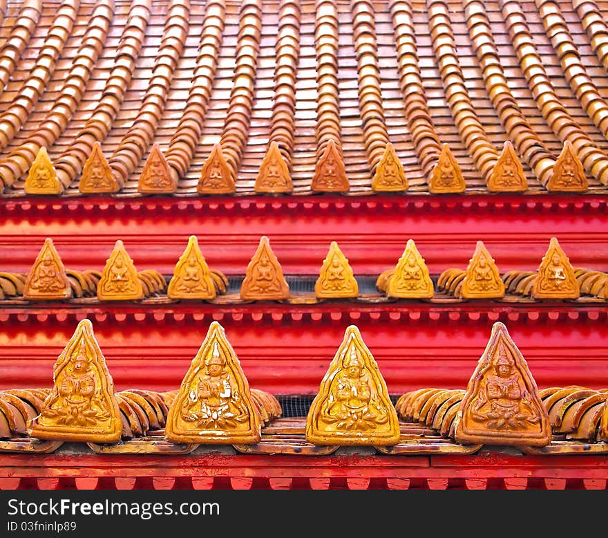 Close up Angle Statue at Roof Tiles of Temple in Bangkok , Thailand