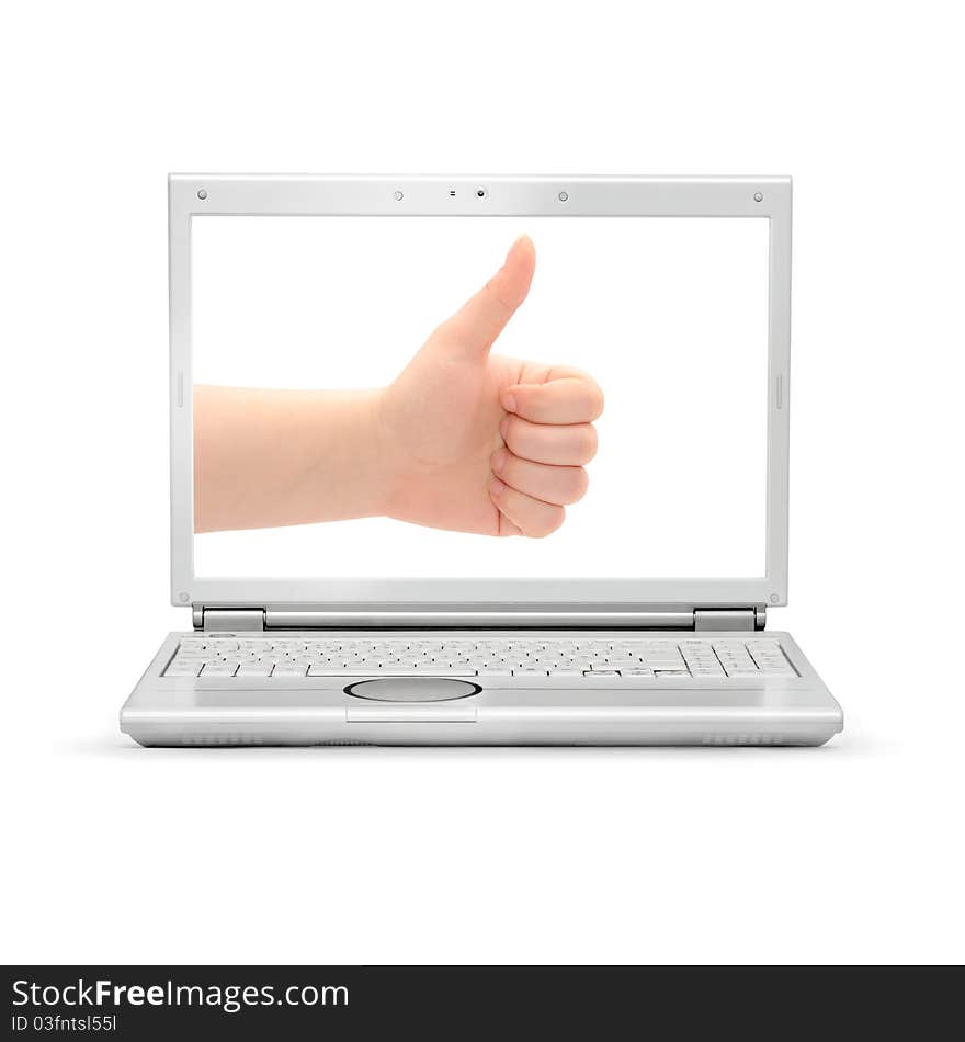 Laptop with a human hand making ok sign on the screen isolated on white background. Laptop with a human hand making ok sign on the screen isolated on white background