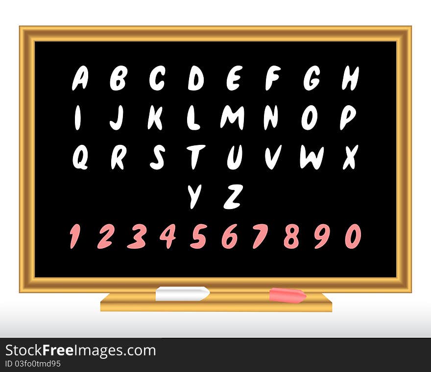 Alphabet and numbers on a black school board. Alphabet and numbers on a black school board.