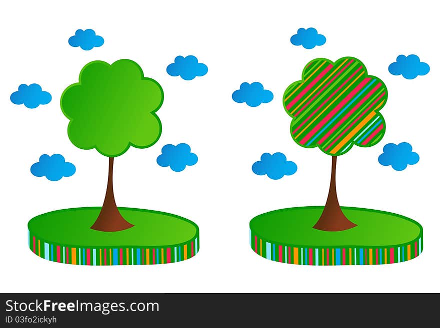 Colorful green trees, isolated design elements