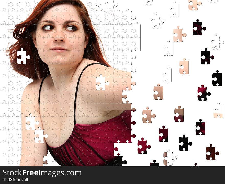 Teen girl in prom dress puzzle over white. Teen girl in prom dress puzzle over white.