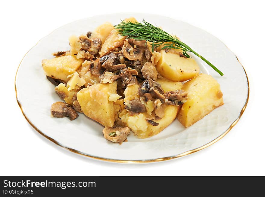 Boiled Potatoes With Mushrooms Isolated