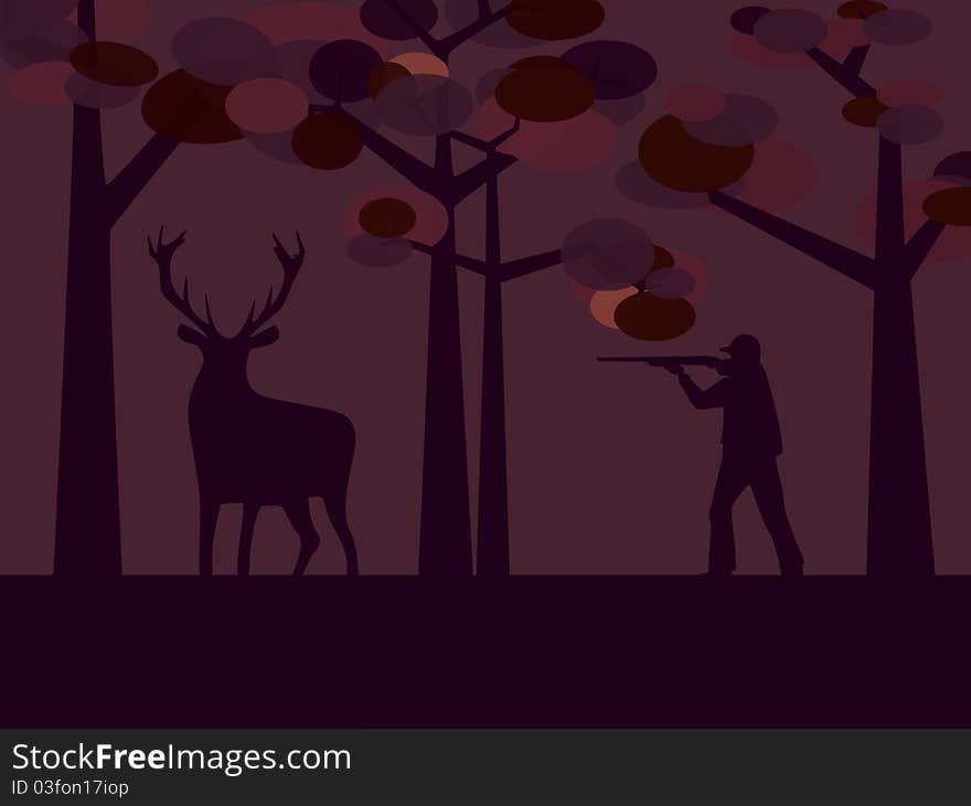 An illustration of a hunter hunting for deer. An illustration of a hunter hunting for deer.