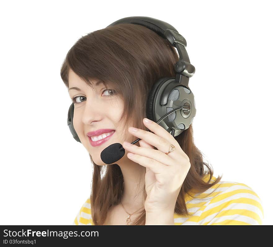 Girl in headphones on white background