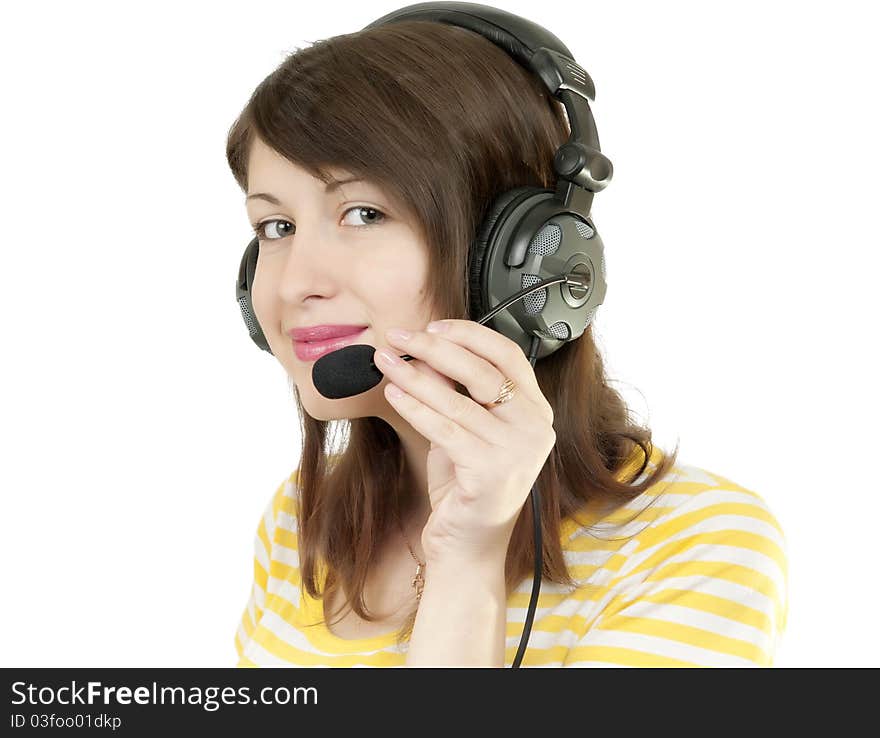 Girl in headphones on white background