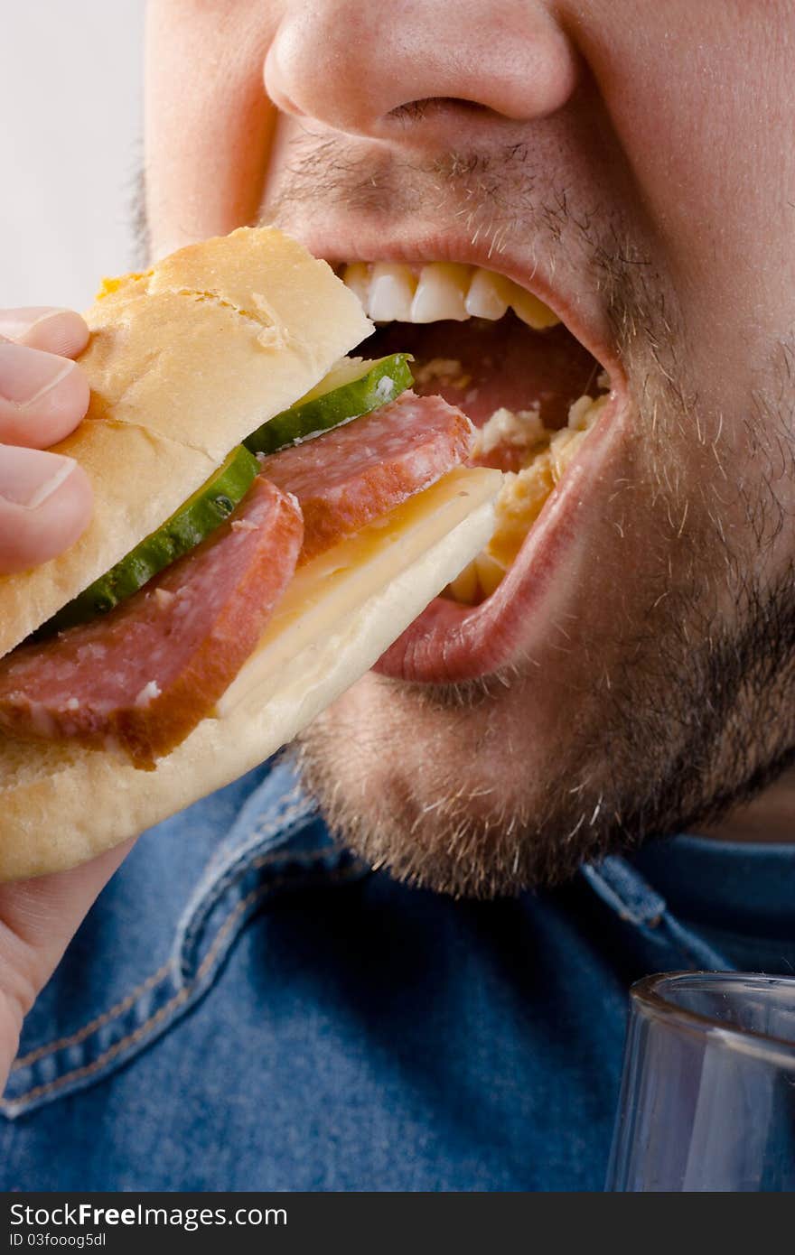 The man greedily eats a sandwich closeup. The man greedily eats a sandwich closeup