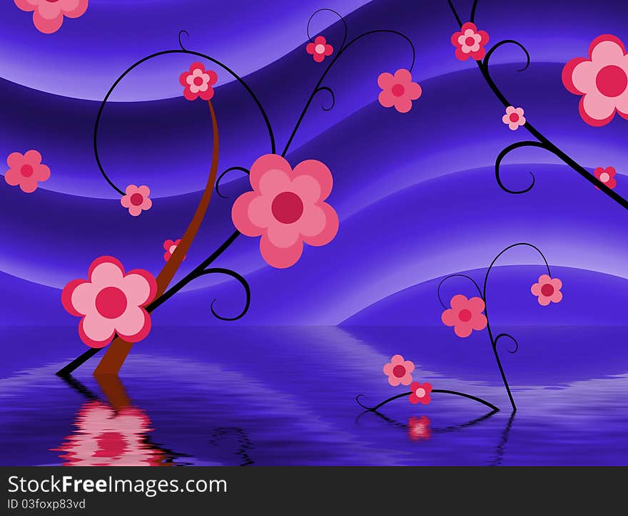 Illustrated flower against an abstract water background. Illustrated flower against an abstract water background