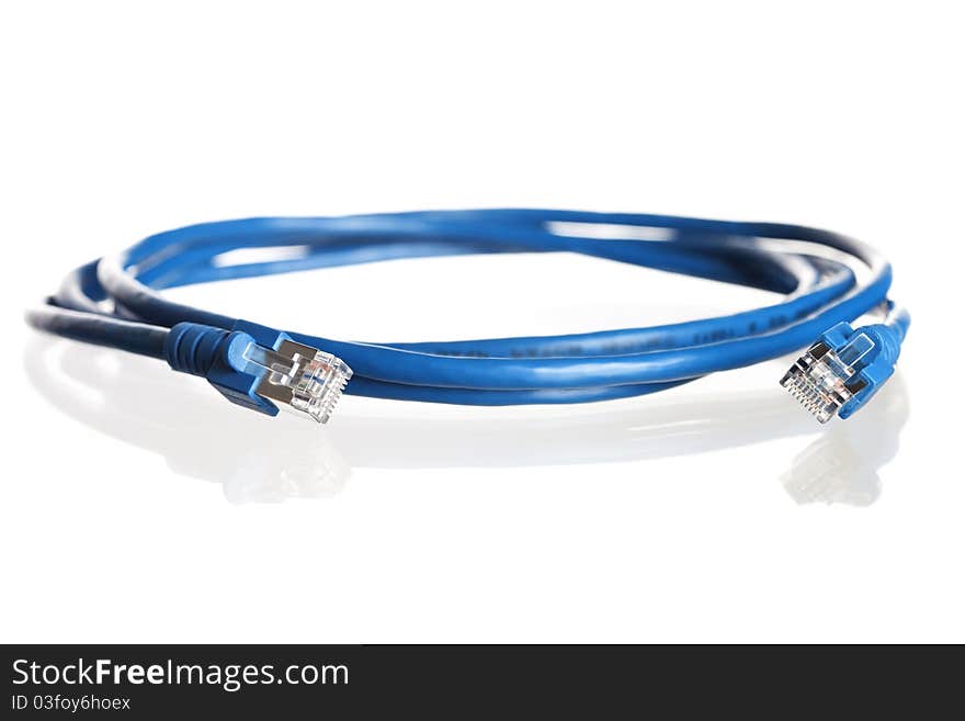 Wound-up blue network cable.