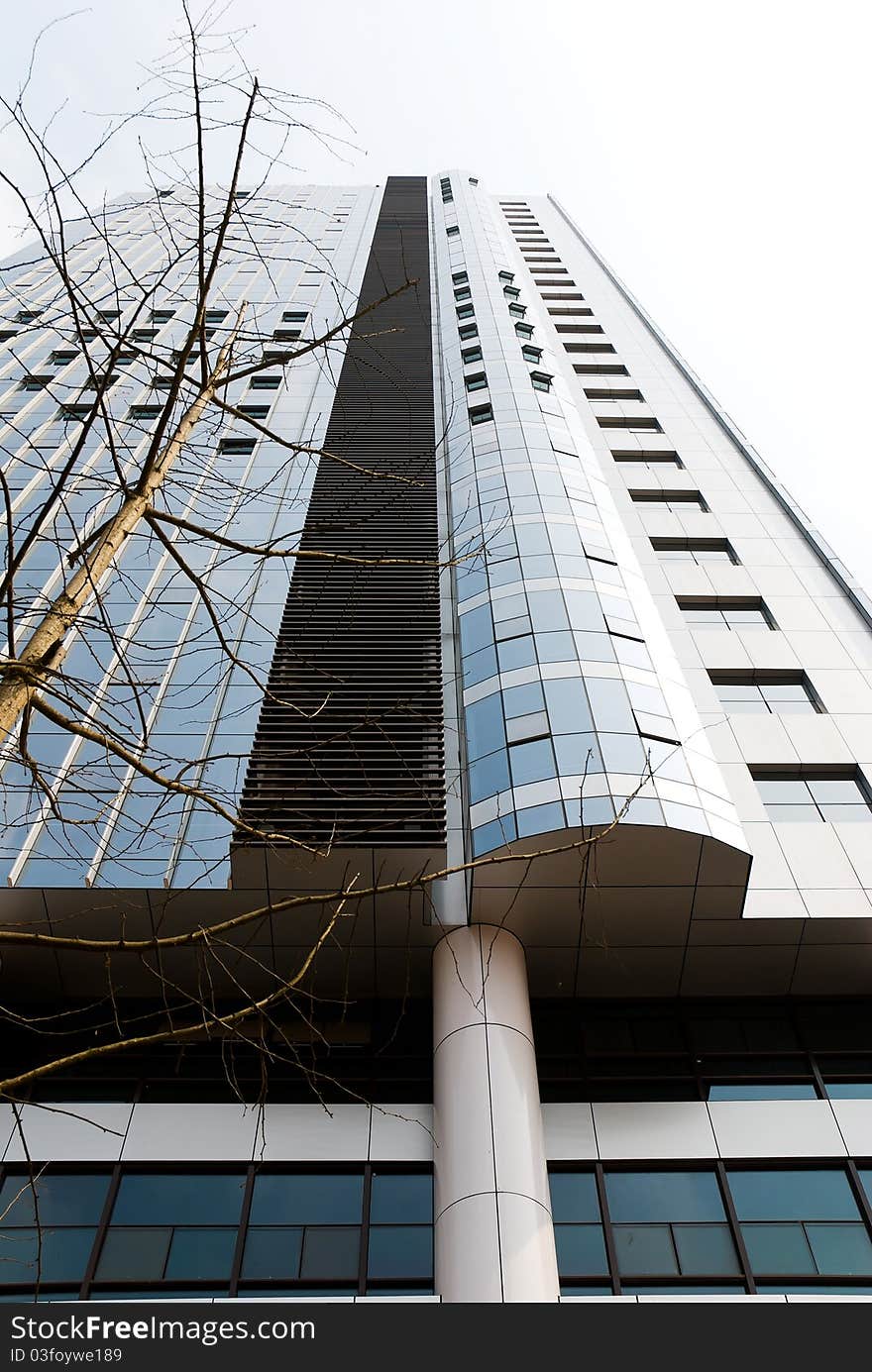 Commercial building exterior glass, the sun dipped