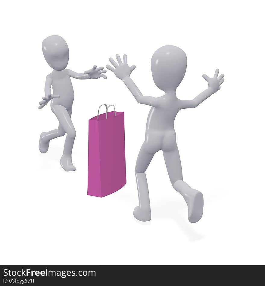 Three-dimensional people want to grab a bag with things. Three-dimensional people want to grab a bag with things