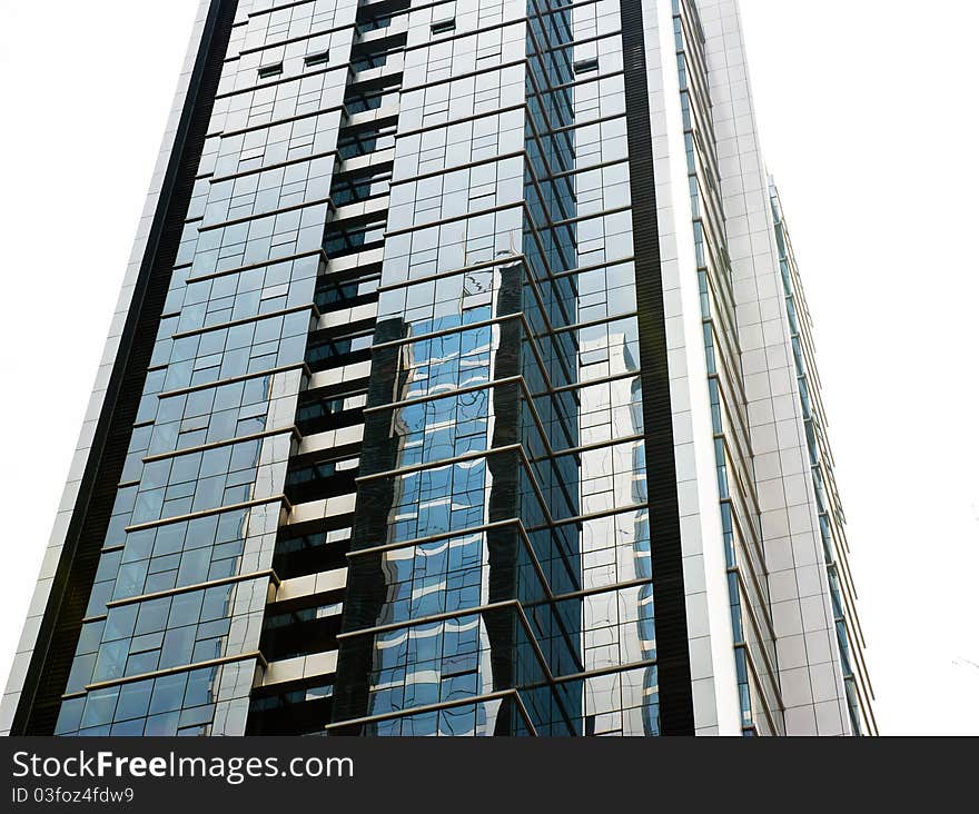 Commercial building exterior glass, the sun dipped