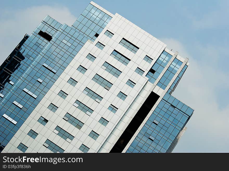 Commercial building exterior glass, the sun dipped