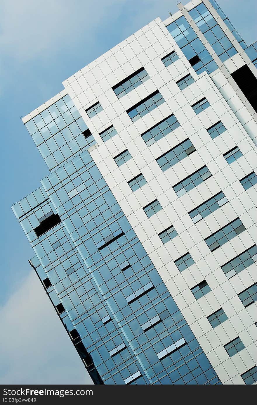 Commercial building exterior glass, the sun dipped