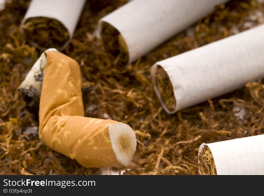 Four cigarettes and tobacco macro shot