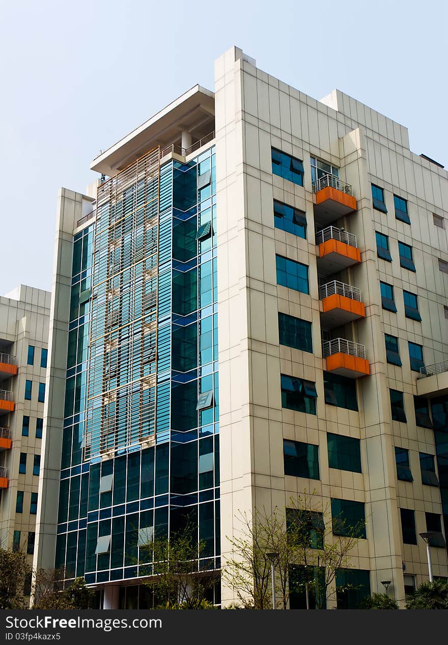 Commercial building exterior glass, the sun dipped