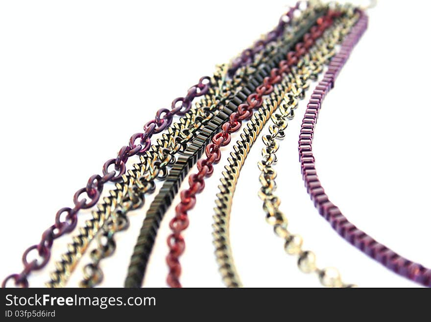 Necklace with colorful chains isolated on white background.