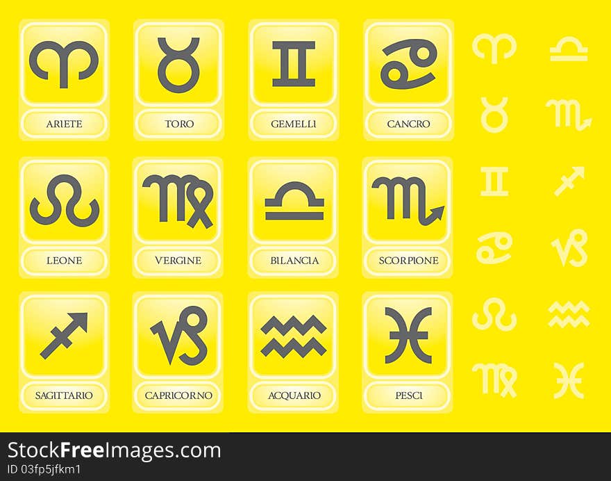 Zodiac Signs on a yellow background in Italian