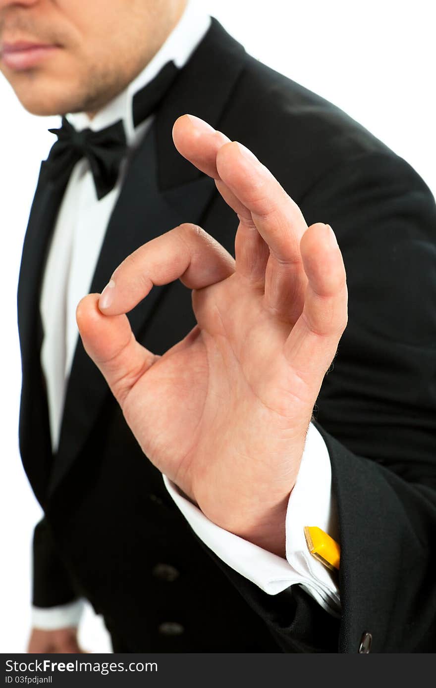 Man making 'ok' gesture over white